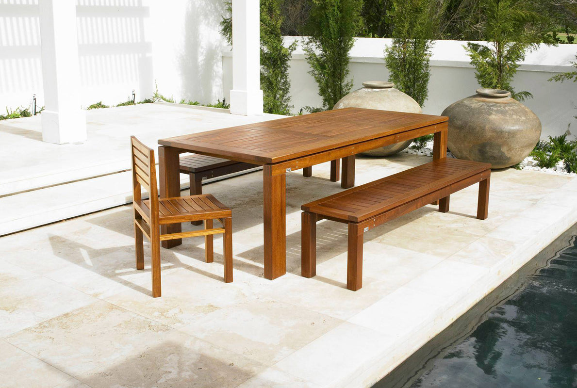 PETERSEN'S Lifestyle Furniture - Garden Patio Collection: Eight Seat Table with Three Seat Bench and Stacking Chair.